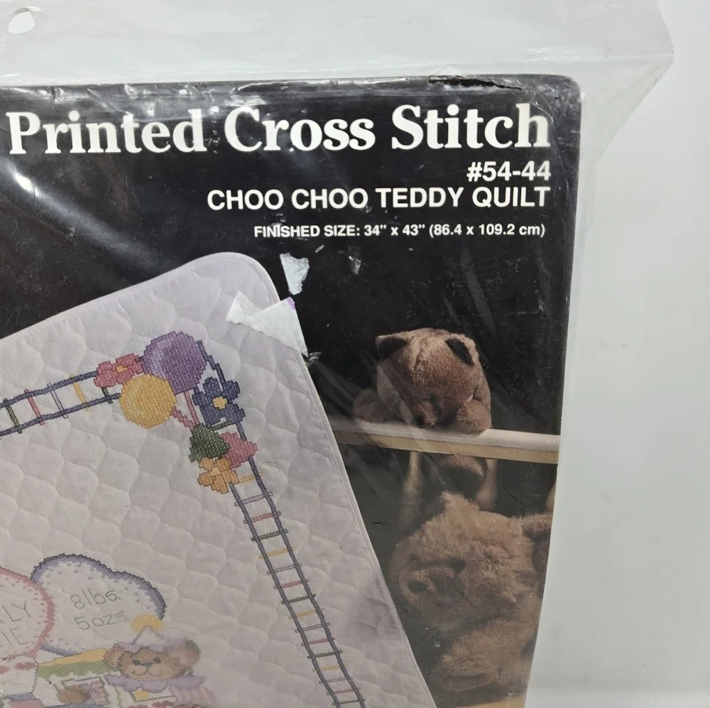 Janlynn Printed Cross Stitch Choo Choo Teddy Bear Quilt Finished Size 35x43